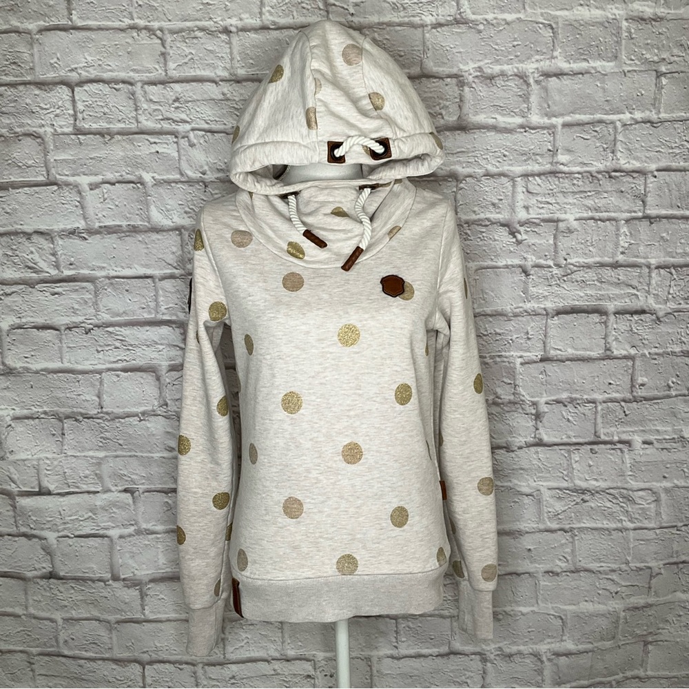 Naketano Medium M Hoodie Pullover Brave New Word Ivory Gold Polkadots